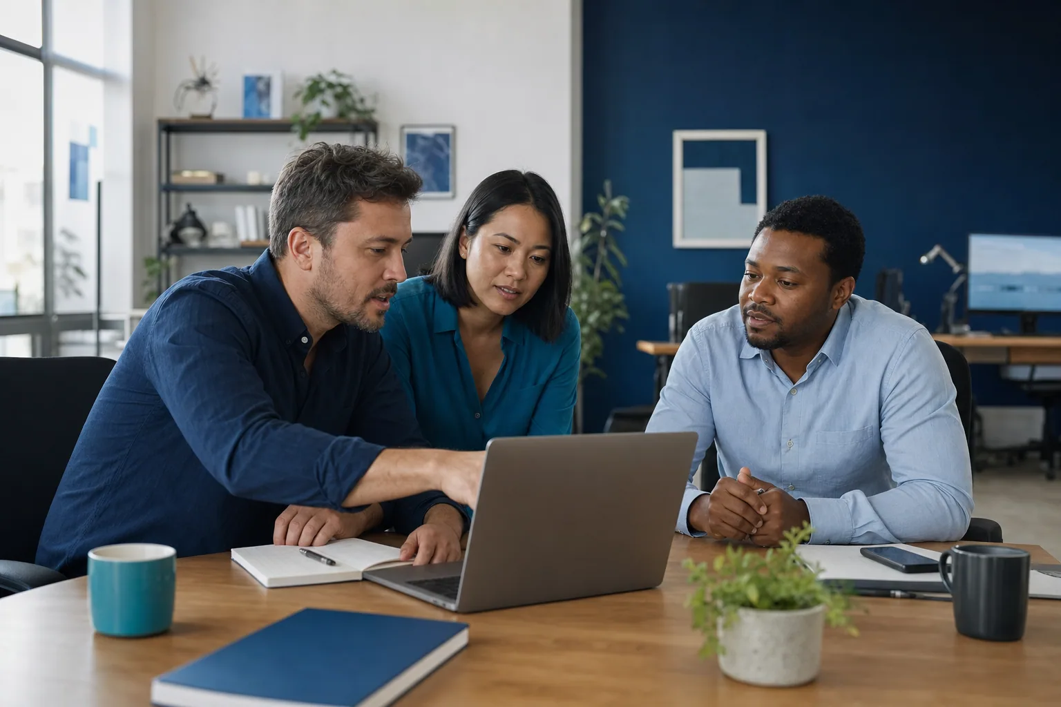 Operations team reviewing business workflows together around a laptop