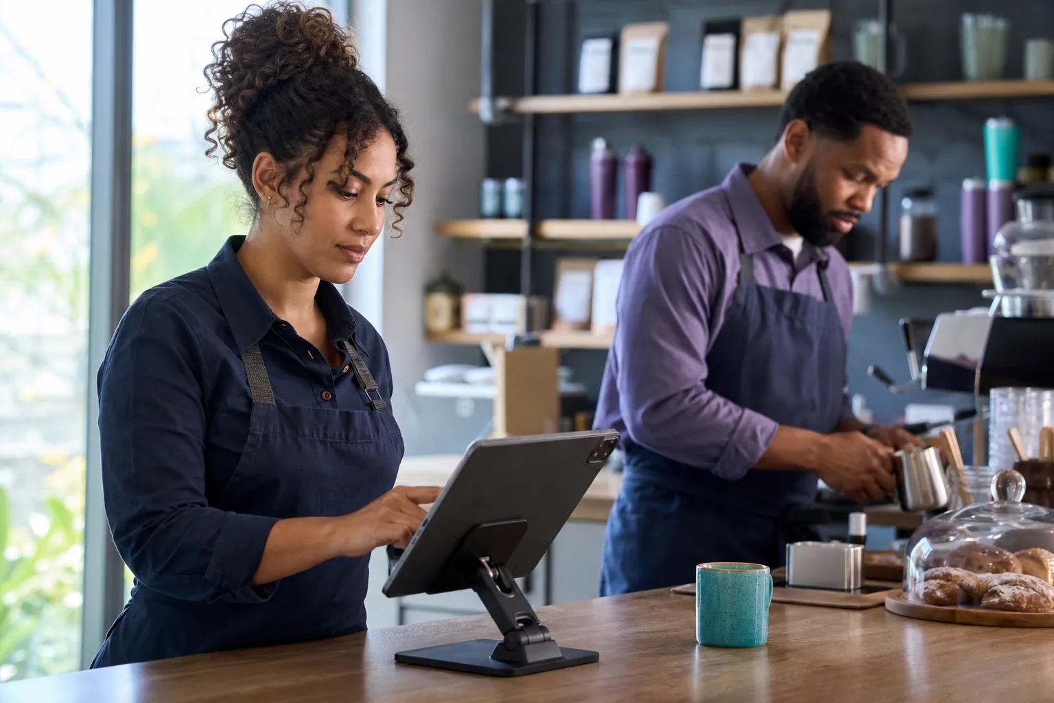 Retail and food-service team operating a point-of-sale counter