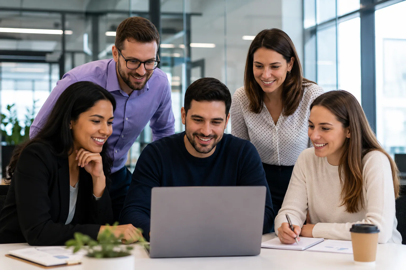 Professional team collaborating around a laptop during a learning session