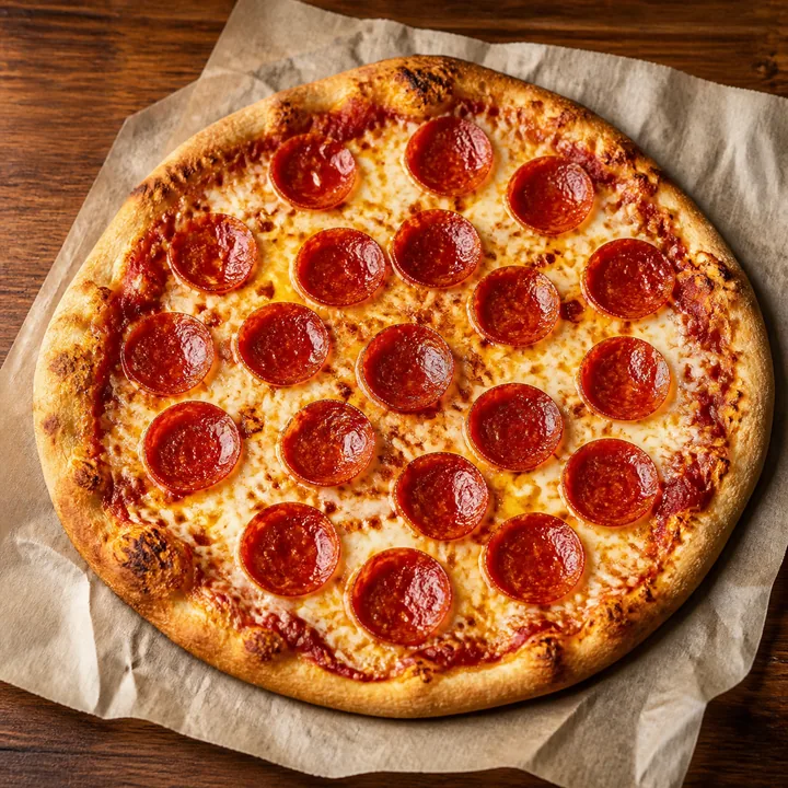 Pepperoni pizza with melted mozzarella on parchment