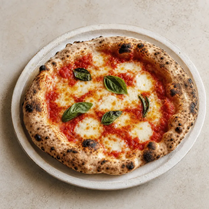 Neapolitan pizza with tomato, mozzarella, basil, and a charred crust