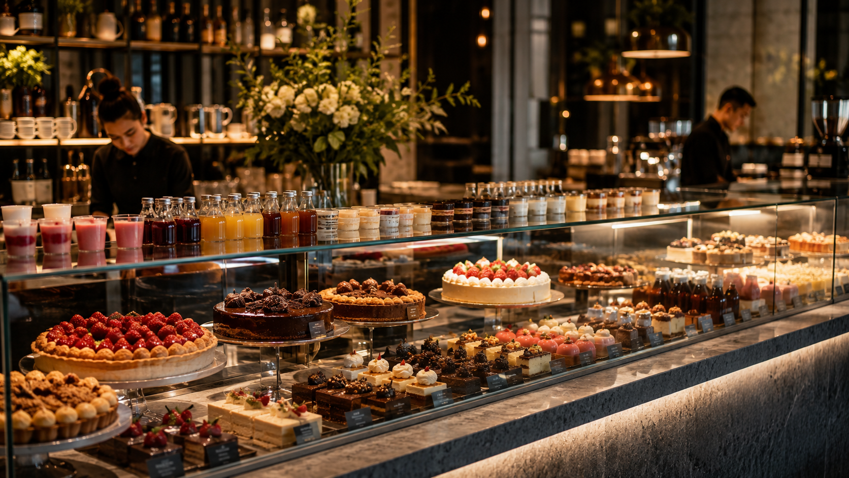Dessert and beverage display inside a modern pastry shop