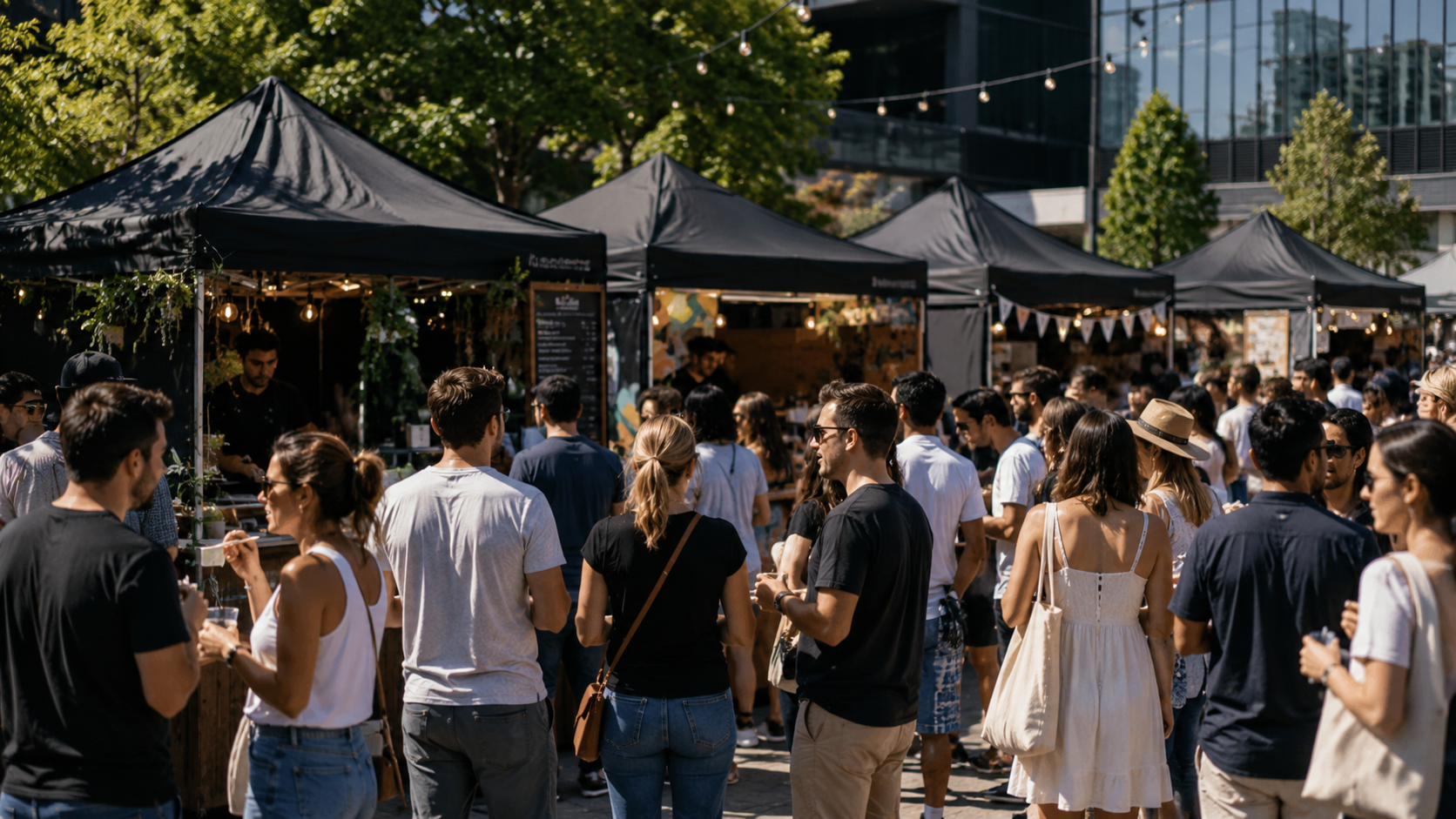 Outdoor pop-up market with multiple vendors and customers