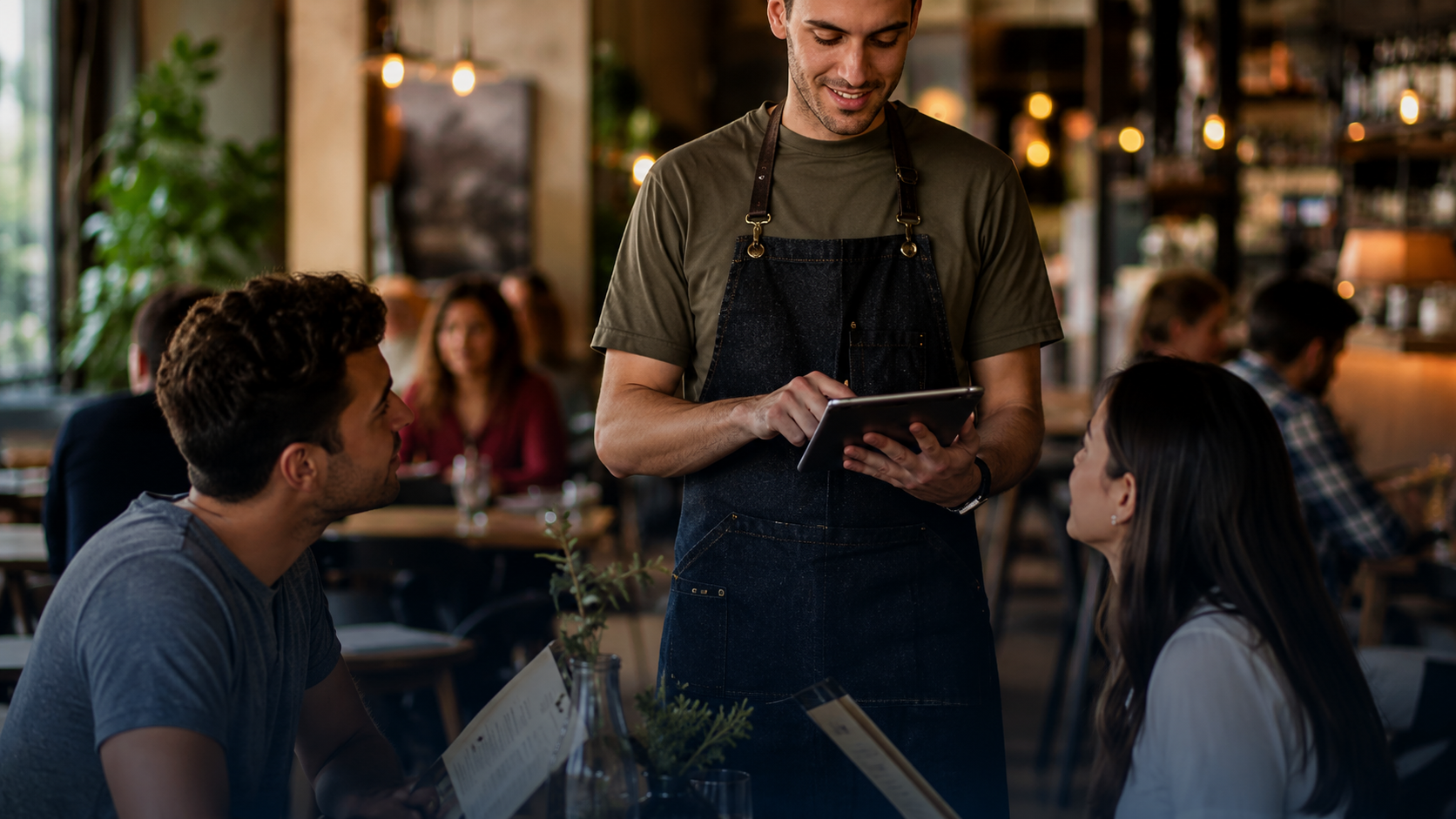 Restaurant server taking a table order with a tablet